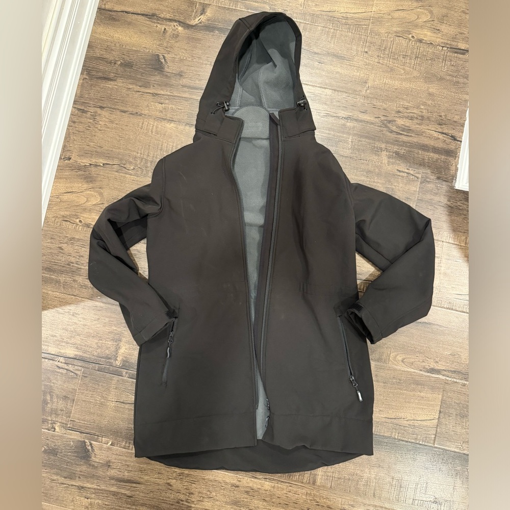 Black fleece lined rain coat with removable hood